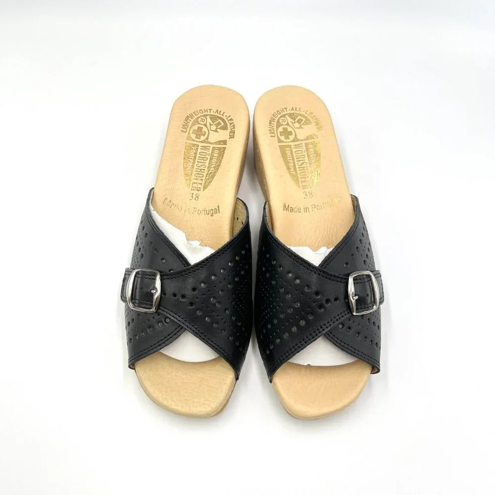 Worishofer Womens 251 Black Leather Slides Wedges Sandals Shoes 38 EU 7.5 - 8 US - Picture 3 of 15